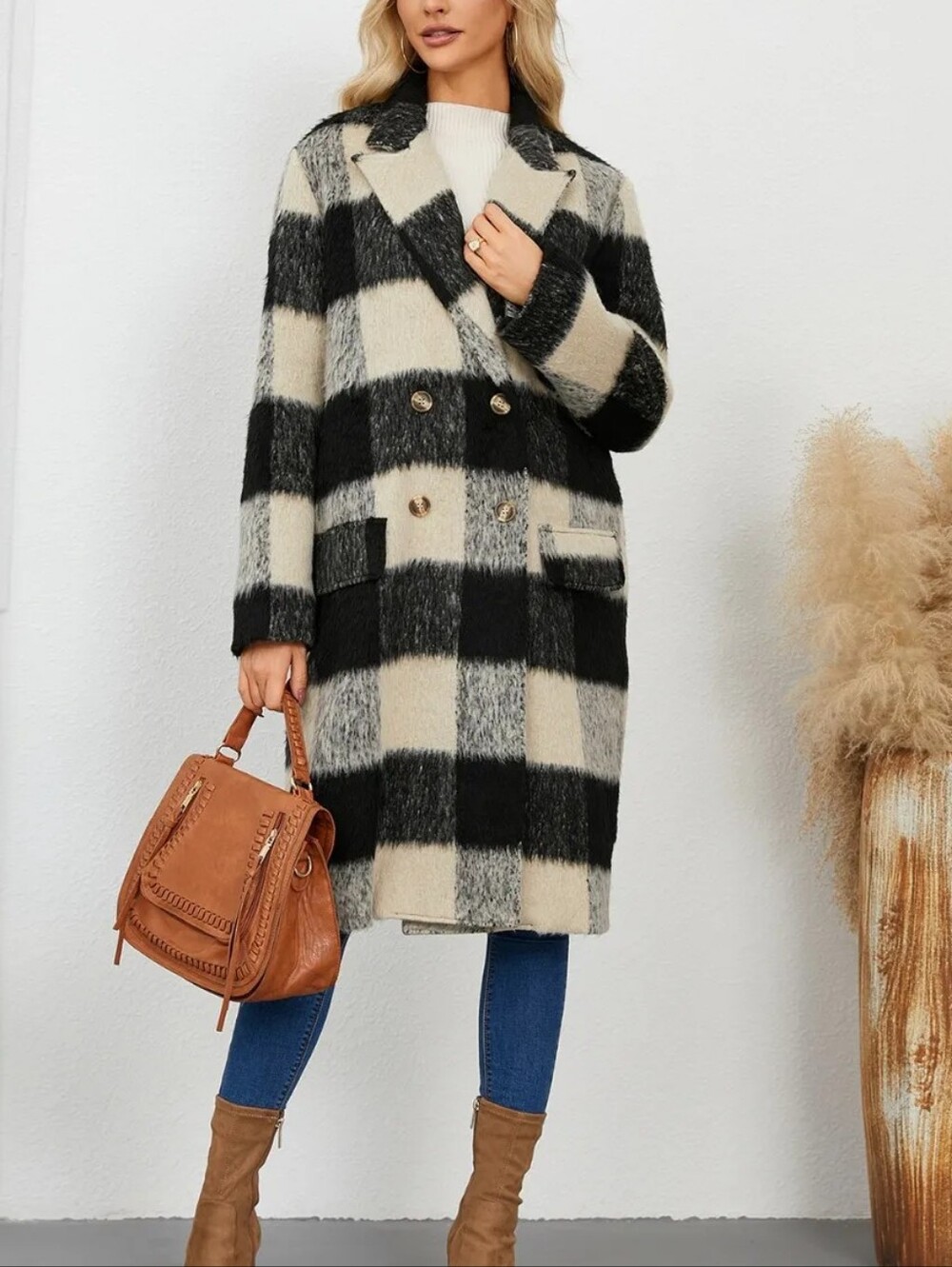 Plaid Double-Breasted Long Sleeve Coat